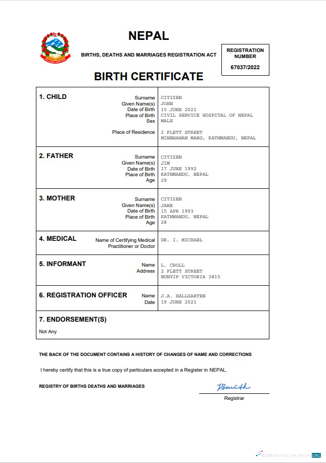 Download Nepal birth certificate Word and PDF template Photoshop template
